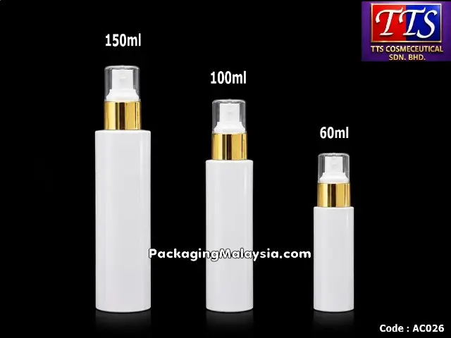 Botol spray plastik putih AC026 dengan gold ring dalam saiz 60ml, 100ml dan 150ml