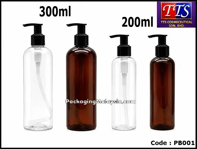 PB001 botol pam plastik 200ml dan 300ml dalam warna lutsinar dan coklat lutsinar