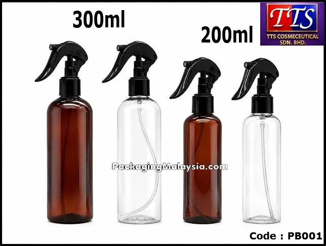 PB001 botol spray trigger plastik 200ml dan 300ml dalam warna lutsinar dan coklat lutsinar